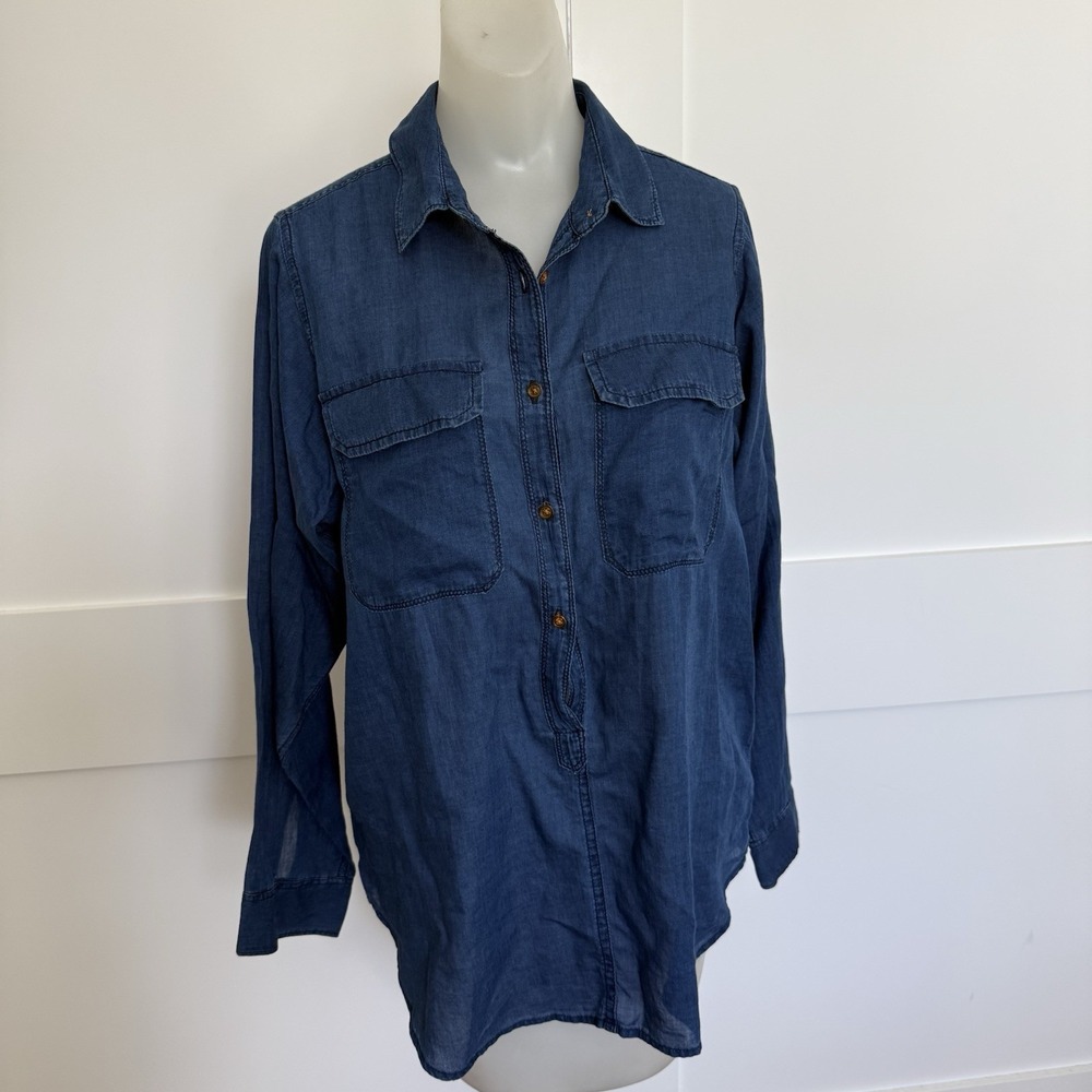 J.Crew Women's 6 Chambray Utility Shirt 100% Cotton Blue Longline Pockets